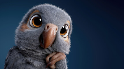 Fototapeta premium Close-up of a stylized, fluffy parrot. Large, expressive eyes and a curious, slightly open beak. Soft, muted gray feathers