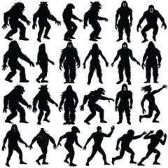 Epic Bigfoot Silhouette Vector Collection Featuring Forest, Mountain, and Mythical Cryptid Scenes in Minimalist Black Style
