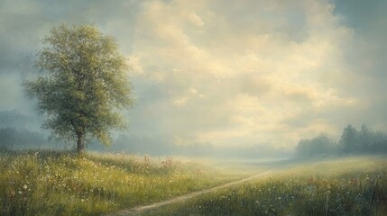 Obraz premium Tranquil landscape of a meadow under a hazy sky.