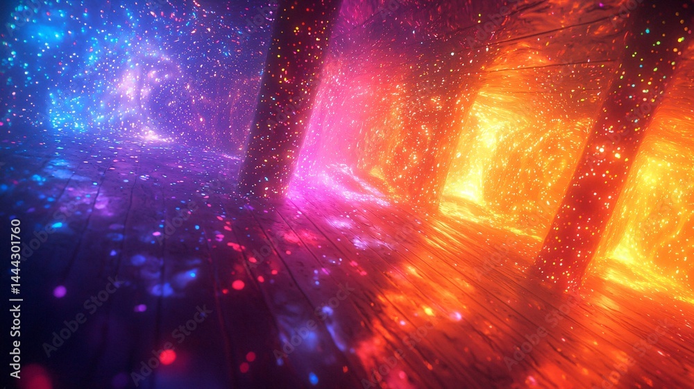 Wall mural colorful abstract art depicting a light tunnel with chaotic harmony and diffused glow in a low-angle