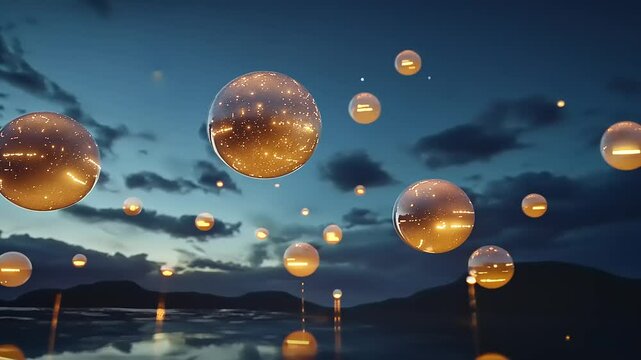 Ethereal glowing orbs floating above a tranquil lake at twilight, reflecting the colorful sky
