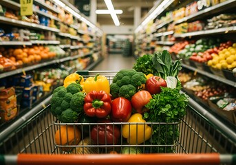 Vibrant Produce Fills Shopping Cart in Supermarket Aisle