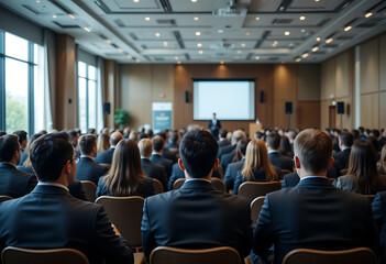 Rows Of People In Black Suits Are Seated In An Auditorium, Listening To A Speaker On Stage, corporate conference, leadership presentation