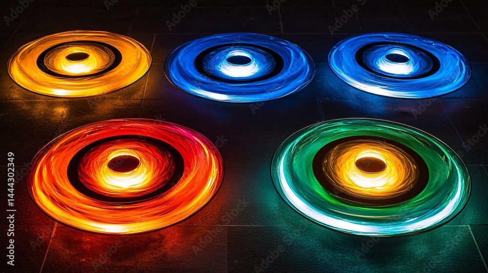 Poster an intriguing set of four colorful lights creating a dazzling display of energetic fields and dreaml