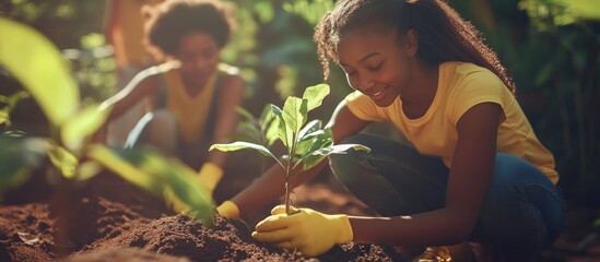 an african american girl plants a young tree with care and deter