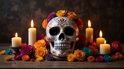 Painted sugar skulls surrounded by lit candles marigolds and decorative pumpkins representing the vibrant tradition of Day of the Dead