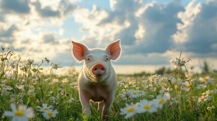 Piglet in a Daisy Field at Sunset