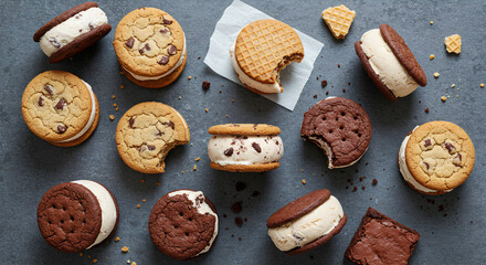Assorted Ice Cream Sandwiches Flat Lay - Summer Dessert Variety Top View Photo - Cool Treat Food Stock Image Overhead Shot