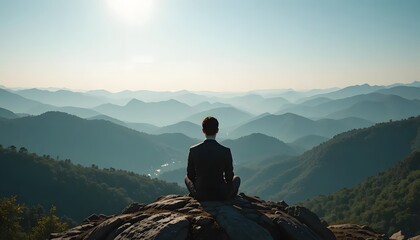 Fototapeta premium Businessman Meditating on Mountain Peak, Contemplation and Inspiration