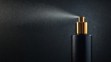 Elegant black spray bottle releasing fine mist in dark