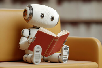 A small robot sits on a yellow couch, reading a red book, symbolizing artificial intelligence learning and curiosity.