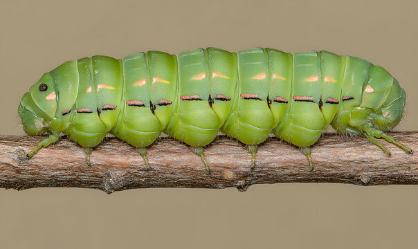 Close-up of a vibrant green caterpillar crawling on a brown twig, showcasing intricate details and textures.