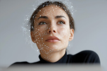 A woman"s face with digital network lines overlaid, representing facial recognition or artificial intelligence technology.