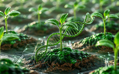 Seedling with DNA Helix Genetic Engineering, Agricultural Biotechnology, Science Research, and Sustainable Agriculture Concept