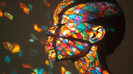 Enigmatic abstract art featuring a woman's face illuminated by multi-colored light projections creating a moody and crystalline effect
