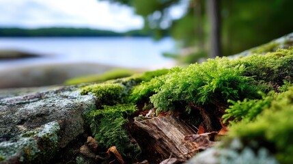 Green moss on beautiful landscape with natural colours concept. Close-up of vibrant green moss by the water.