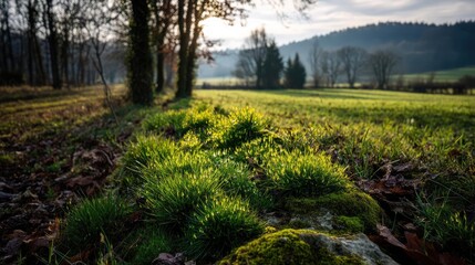 Green moss along beautiful grass with calm landscape concept. Lush green grass thriving under soft sunlight in a serene landscape.