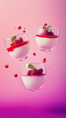 Panna cotta background, creamy panna cotta with berry coulis, floating on a soft gradient backdrop