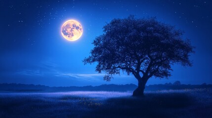 Silhouette of a tree under a full moonlit sky.