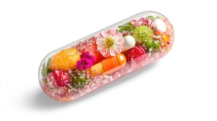 Creative shot of a vitamin pill filled with colorful produce, symbolizing the fusion of medicine and nature for health benefits, isolated on white