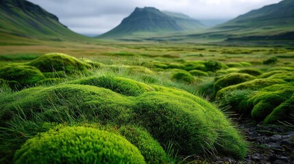 Green moss on beautiful landscape with natural colours concept. Lush, green landscape with rolling mossy hills.