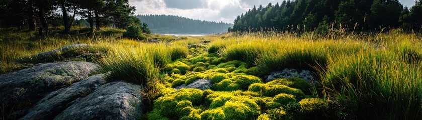 Green moss along beautiful grass with calm landscape concept. Serene landscape featuring vibrant green moss and trees.
