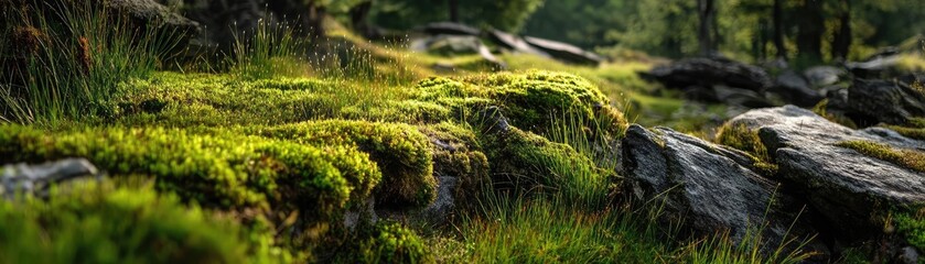 Green moss along beautiful grass with calm landscape concept. Lush green moss growing on rocks in a tranquil forest setting.