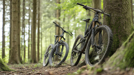 Fototapeta premium Two mountain bikes leaning against trees in a forest trail. Bikes are black with some gold accents. Path is a mix of dirt and leaves. Lush green foliage surrounds the bikes