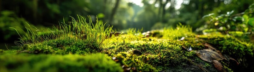 Green moss along beautiful grass with calm landscape concept. Lush green moss covers a forest floor in serene natural light.