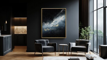 Fototapeta premium Modern living room with abstract art and natural light