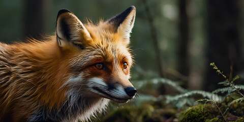 Fototapeta premium Enchanting Red Fox Portrait Amidst Verdant Forest A Captivating Glimpse into Wildlife Serenity in a Lush Woodland Setting with Mossy Trees and Ferns
