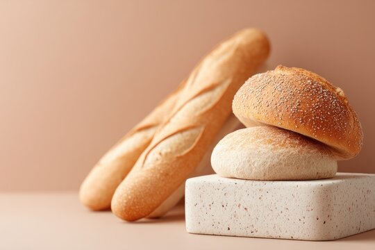 minimalist bakery counter displays fresh bread baguettes and pastries of neutral tones ample copy space