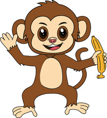 Obraz premium A cute cartoon monkey waves and smiles, holding a yellow banana in one hand.