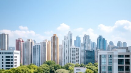 Fototapeta premium Modern skyscrapers towering over cityscape with lush green trees, clear blue sky in background, and urban architecture and nature harmony concept.