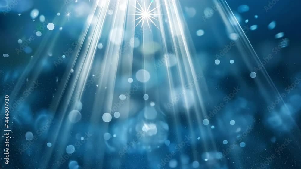 Poster serene abstract background with soft blue light rays and shimmering bokeh effects, creating tranquil