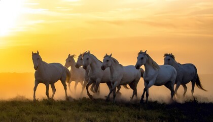 Fototapeta premium Seven White Horses Trotting Across Plains at Sunset Glow Cinematic, 7 Horses