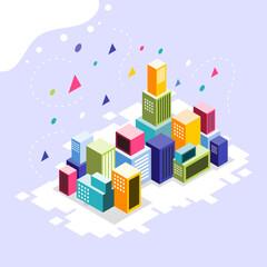 3D isometric urban city illustration featuring modern buildings, data analytics, and abstract digital elements