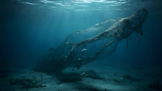 Whale entangled in underwater fishing nets and plastic waste