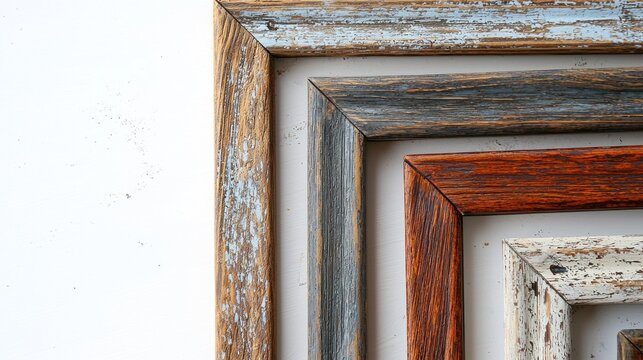 Assorted rustic frames with visible wood grain and aged nails on white background.