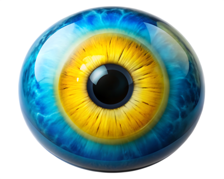 A blue and yellow eyeball isolated on white background PNG