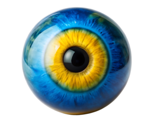 A blue and yellow eyeball isolated on white background PNG