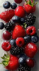 Fototapeta premium Berry Burst: An array of vibrant red and blue berries submerged in a refreshing water, showcasing the natural beauty of the fruits