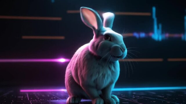 digital artwork featuring a realistic, stylized rabbit dancing on a reflective surface.