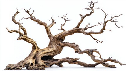 Bare tree with hollow trunk and sparse limbs on white background.
