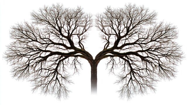 Bare tree with even branches in symmetrical pattern on white background.