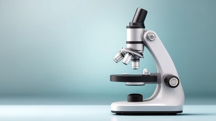Detailed black and white laboratory microscope standing on soft light blue pastel background