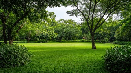 Obraz premium Beautiful green park with open meadows, leafy trees, and lush bushes on white