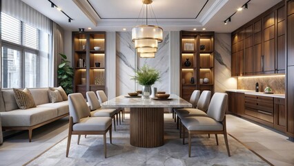 Elegant modern dining room with stylish furniture and warm lighting
