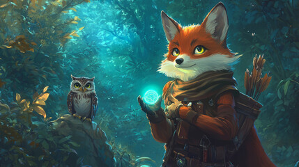Heroic cartoon fox with scarf and glowing bow, wise owl on shoulder, both ready for a challenge in a lush, mystical forest filled with magical plants