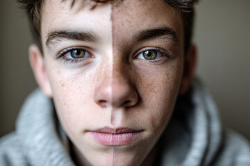Teenage boy’s face divided between carefree youth and solemn adulthood, subtle lighting and blurred neutral backdrop